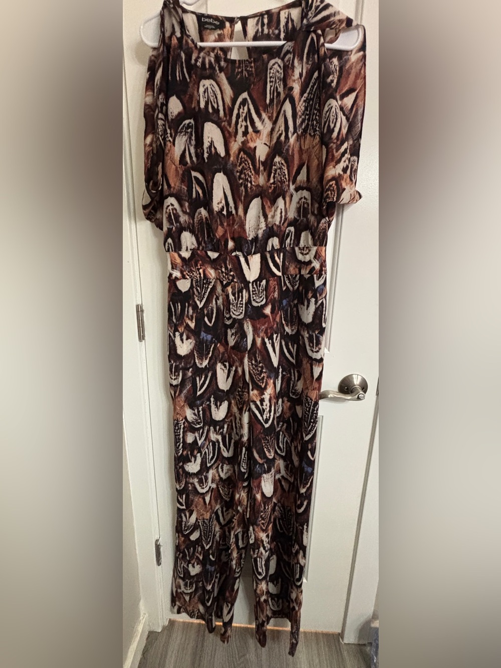 bebe Brown, Black & Cream Abstract Print Wide-Leg Jumpsuit Size Large